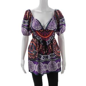 Single Women Tunic Blouse Purple Paisley V-Neck Short Sleeve Cotton Silk Size S